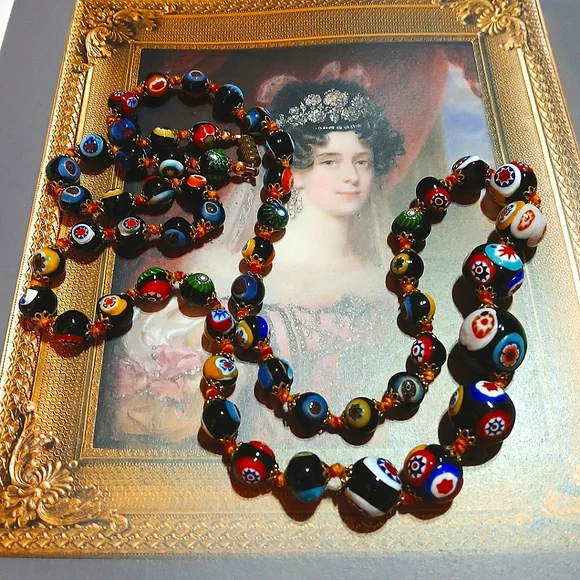 1940s Hand Blown Venetian Millifiori Long Bead Necklace - Picture 2 of 7